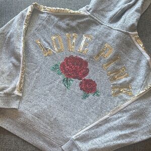 PINK Victoria’s Secret Gray Hoodie with Sequin Roses and Gold Sequin Details